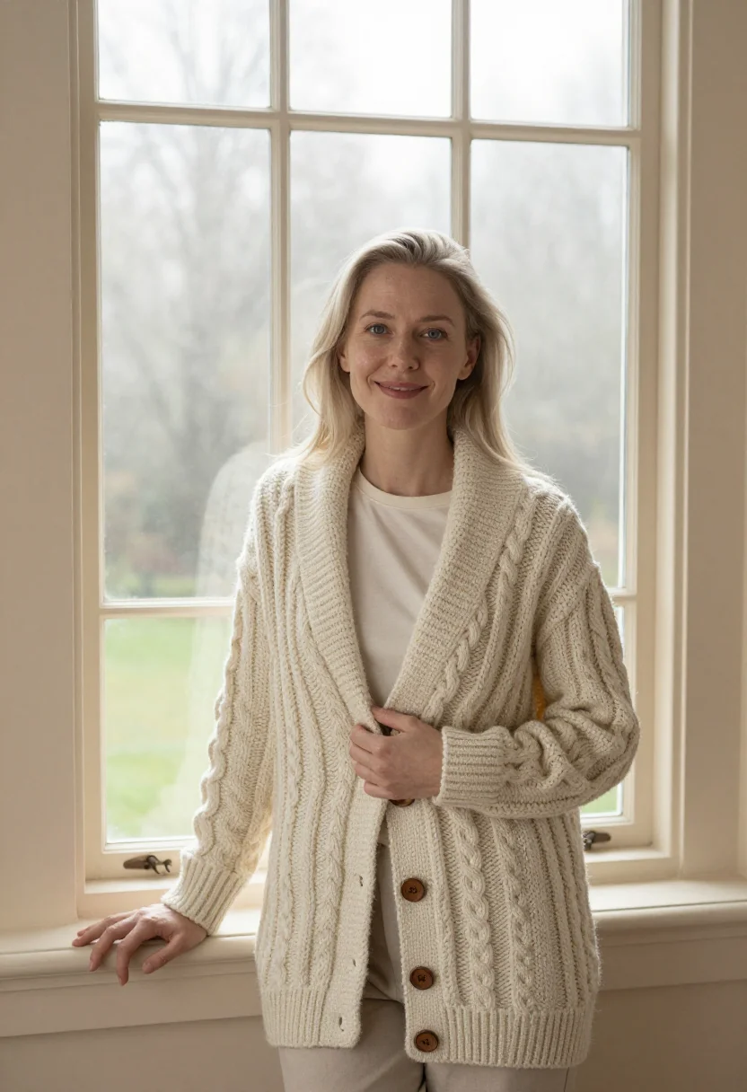 AI cable cardigan profile cream sample — portrait of a woman, framed half-length from the head to the