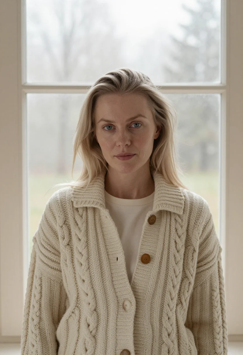 AI cable cardigan profile cream sample — portrait of a woman, framed tight, head and shoulders, the b
