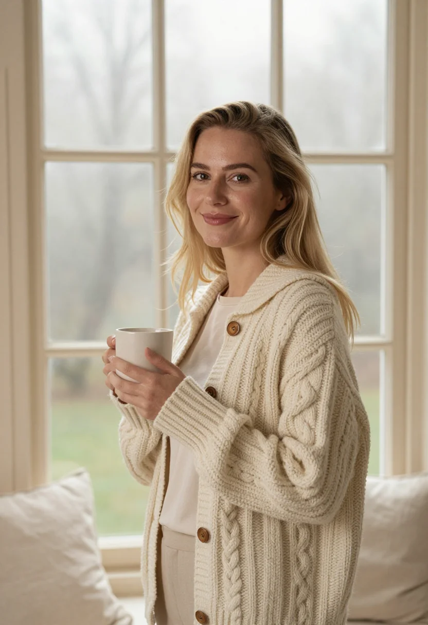 AI cable cardigan profile cream sample — portrait of a woman, framed chest-up, cropped at the ribs, t