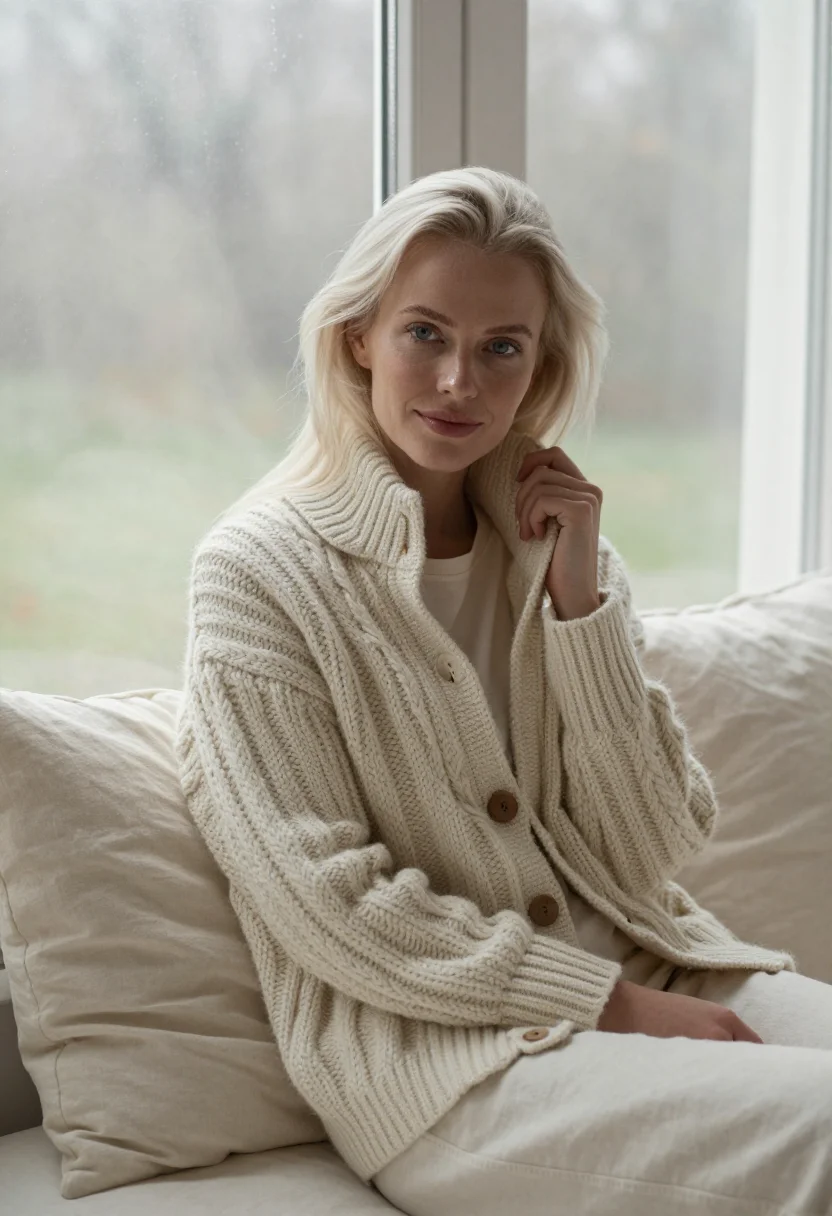 AI cable cardigan profile cream sample — portrait of a woman, framed chest-up, cropped at the ribs, t