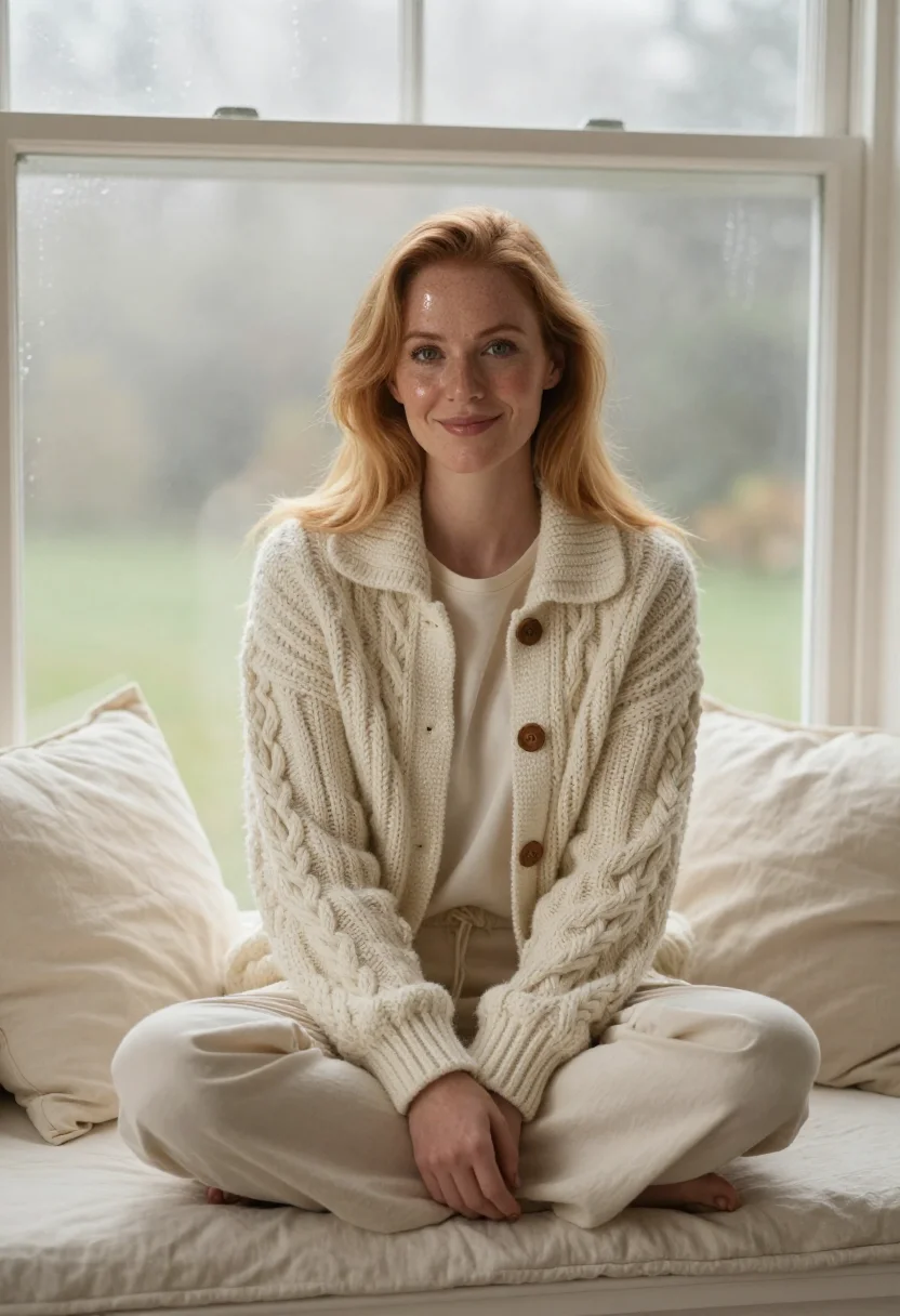 AI cable cardigan profile cream sample — portrait of a woman, framed half-length from the head to the