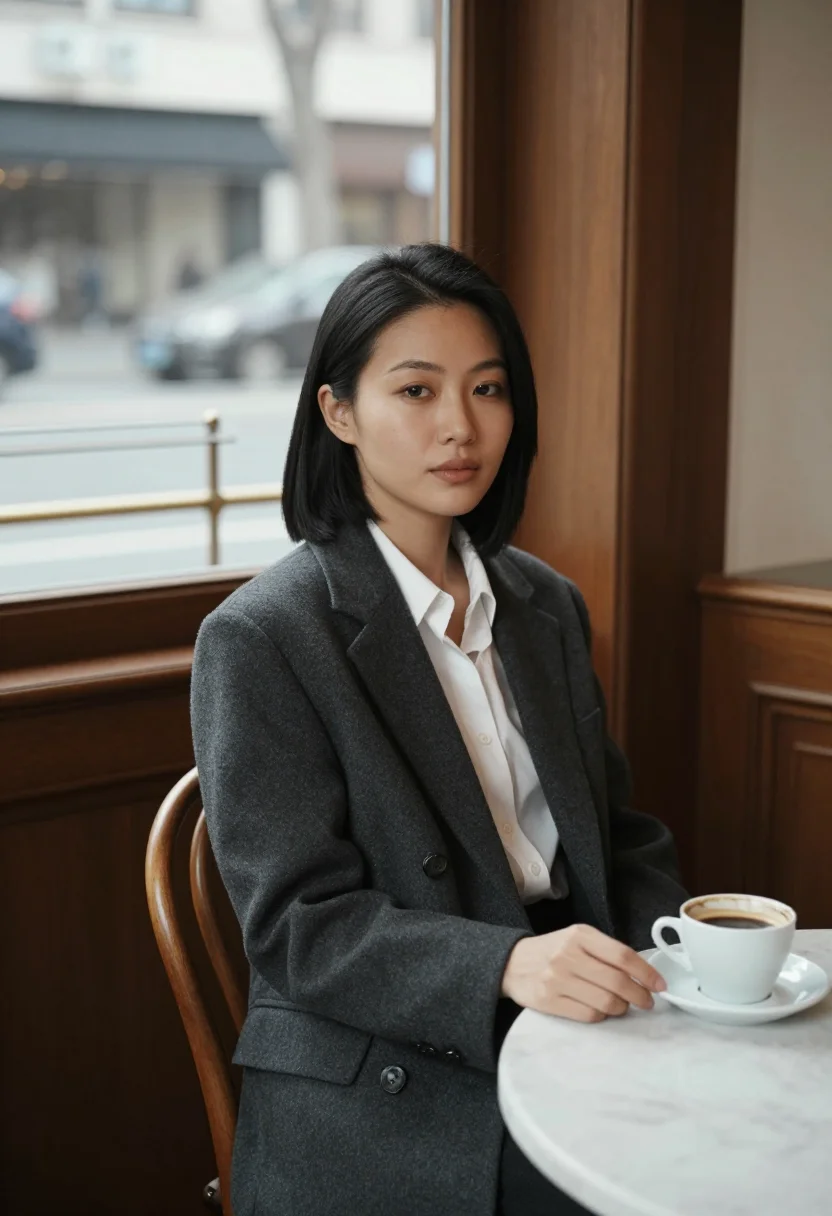 AI cafe sample — portrait of a woman, three-quarter half-length portrait of a