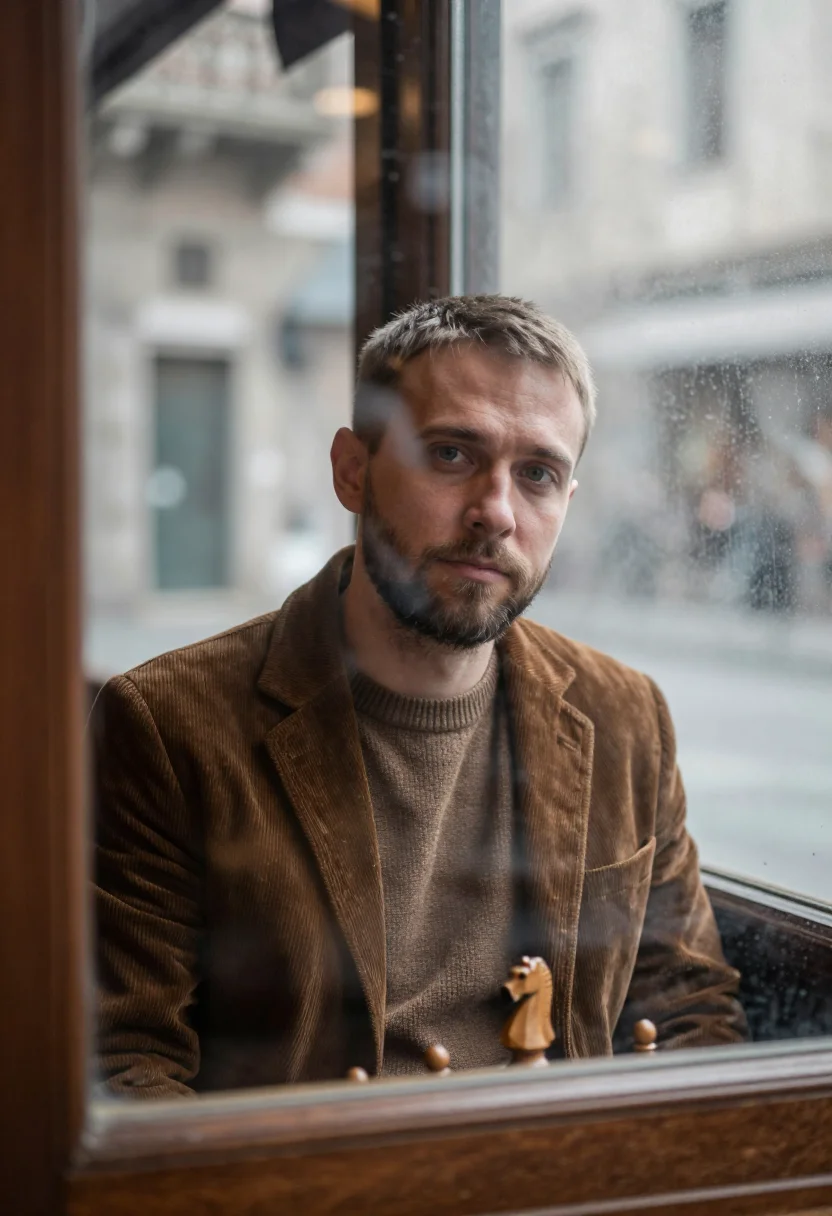 AI caffe san marco trieste january walnut sample — portrait of a man, framed tight, head and shoulders, the bod