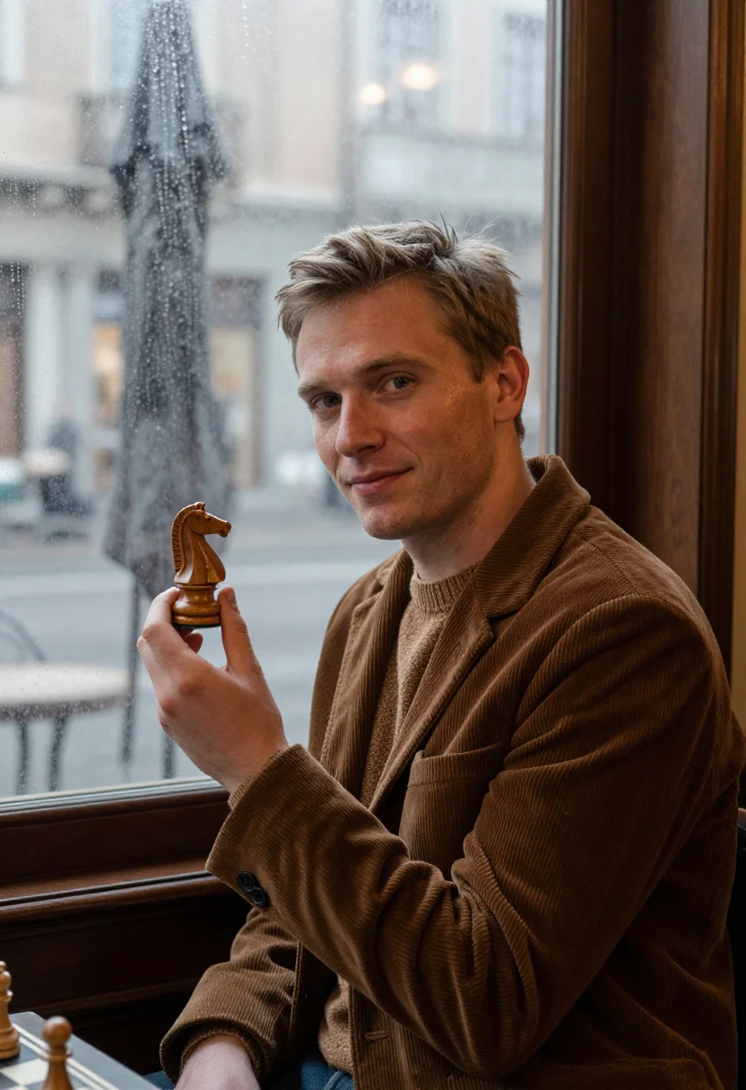 AI caffe san marco trieste january walnut sample — portrait of a man, framed chest-up, cropped at the ribs, the