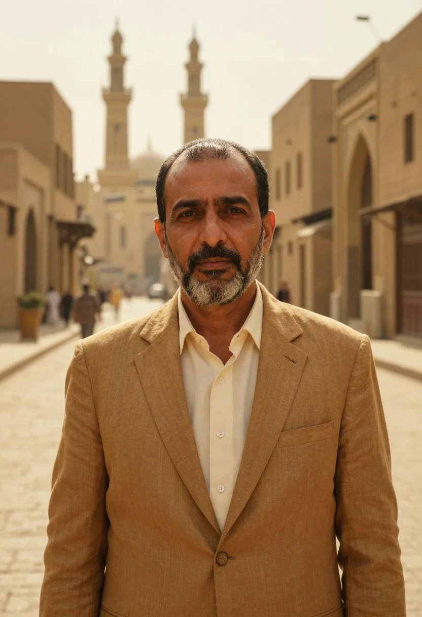 AI cairo islamic architect ablaq limestone sample — portrait of a man, an Egyptian architect in his early fiftie