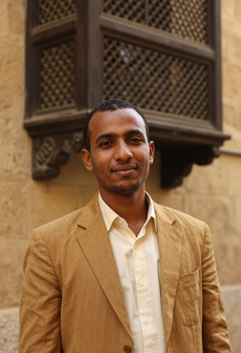 AI cairo islamic architect ablaq limestone sample — portrait of a man, a Sudanese architect in his early thirtie