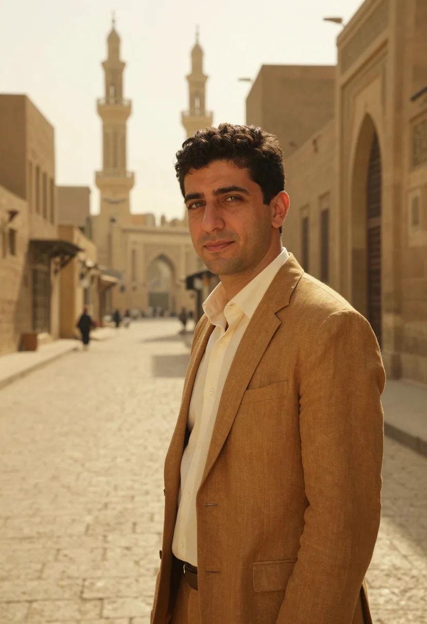 AI cairo islamic architect ablaq limestone sample — portrait of a man, a Lebanese architect in his mid-thirties