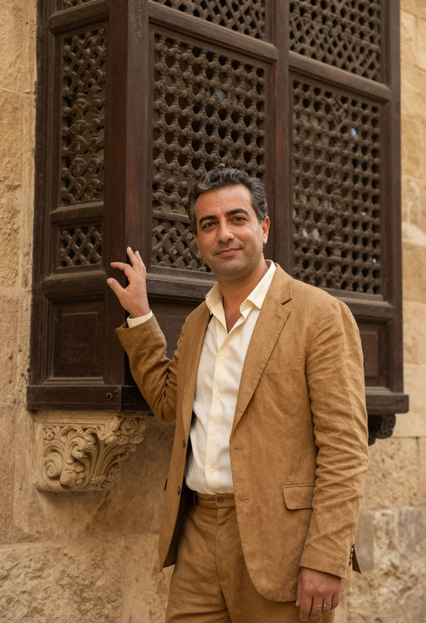 AI cairo islamic architect ablaq limestone sample — portrait of a man, an Italian architect in his mid-forties w