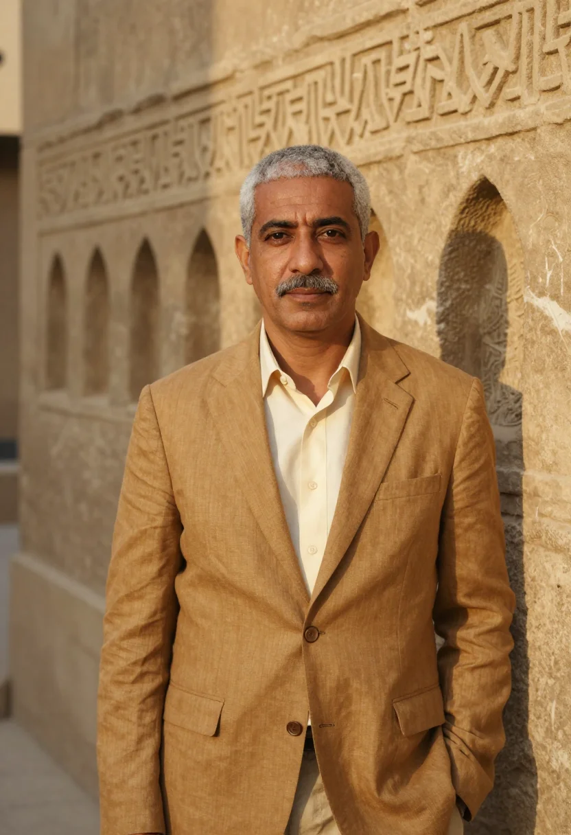 AI cairo islamic architect ablaq limestone sample — portrait of a man, an Egyptian architect in his mid-fifties