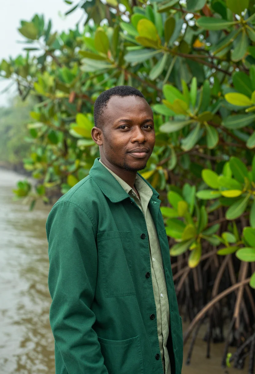 AI calabar marine biologist mangrove river green sample — portrait of a man, a marine biologist, an Ibibio man in his