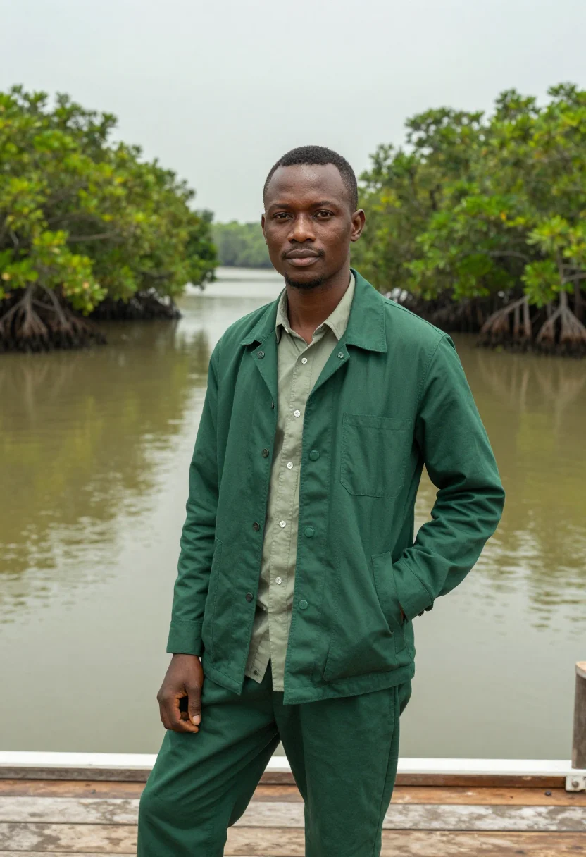 AI calabar marine biologist mangrove river green sample — portrait of a man, a marine biologist, a tall, rangy Igbo ma