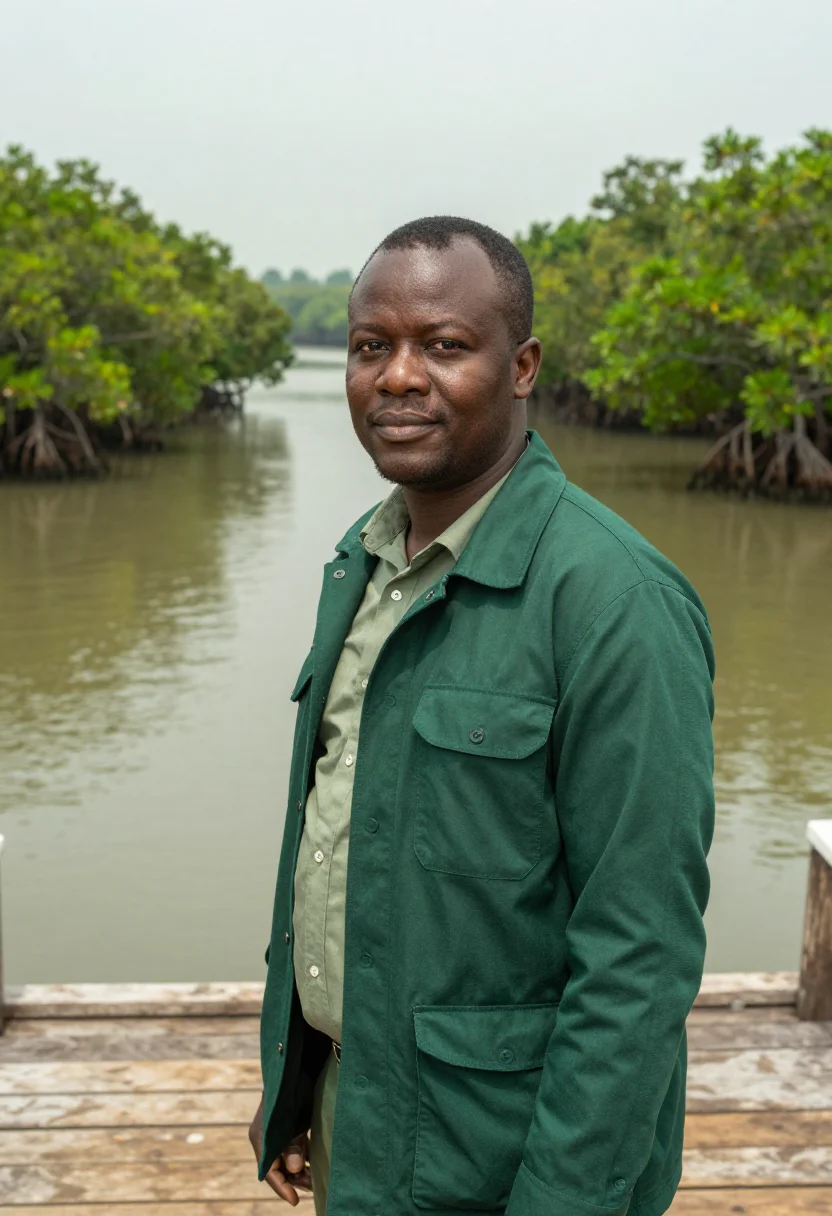 AI calabar marine biologist mangrove river green sample — portrait of a man, a marine biologist, a broad-shouldered Gh
