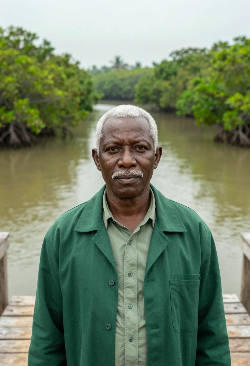 AI calabar marine biologist mangrove river green sample — portrait of a man, a marine biologist, an Efik man in his si