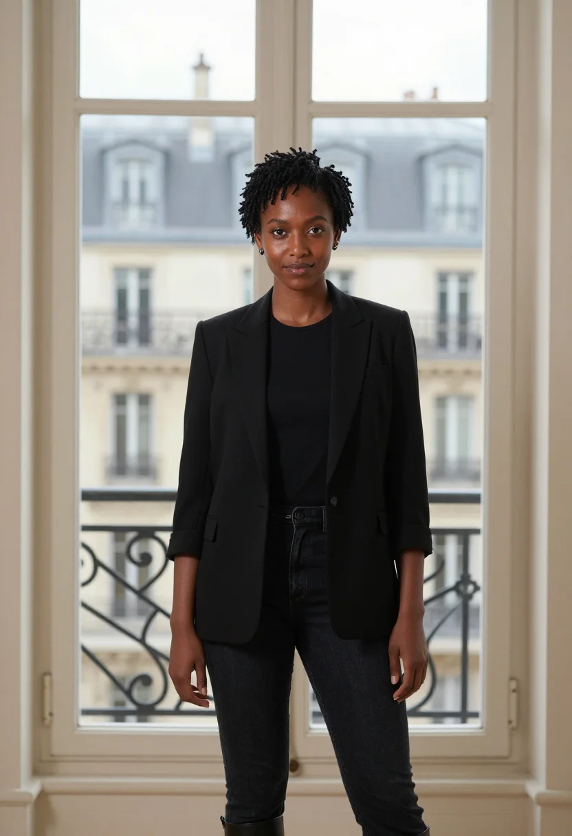 AI call my agent paris andrea martel black sample — portrait of a woman, a talent agent in her early thirties of