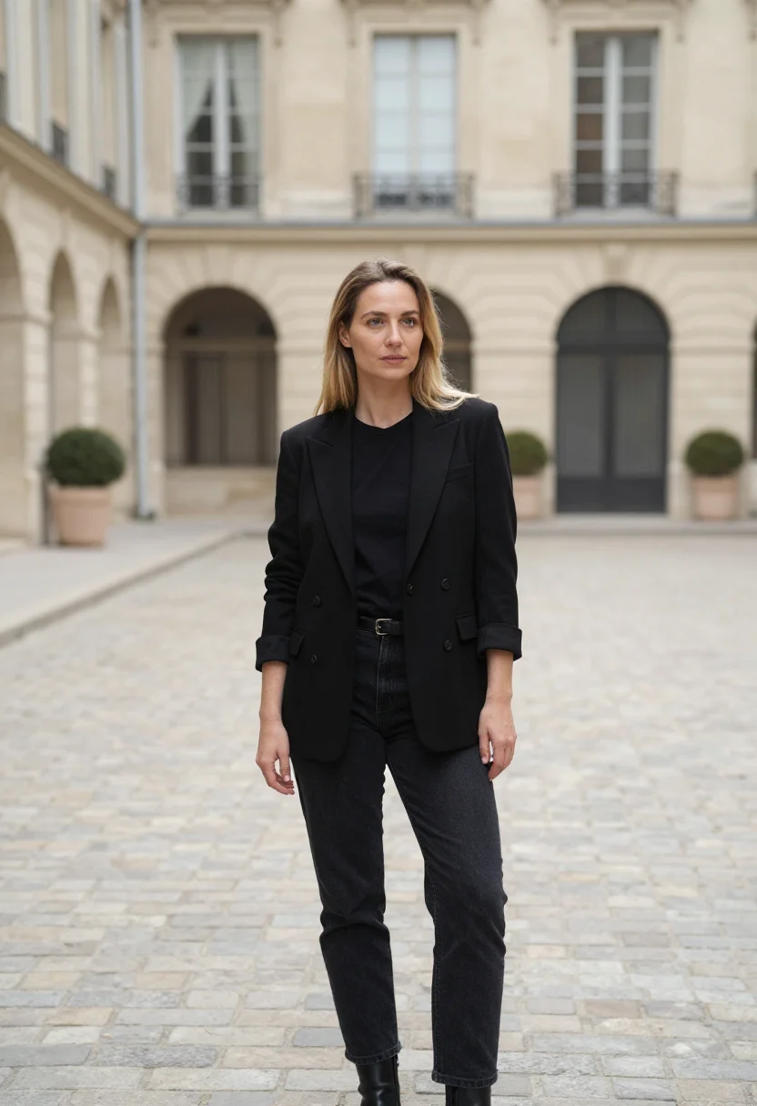 AI call my agent paris andrea martel black sample — portrait of a woman, a talent agent in her early forties of