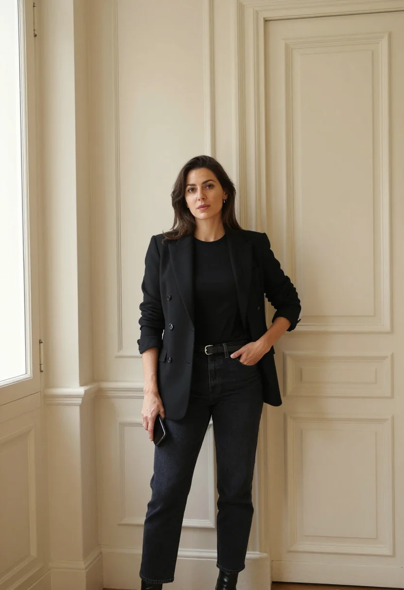 AI call my agent paris andrea martel black sample — portrait of a woman, a talent agent in her mid-forties of It