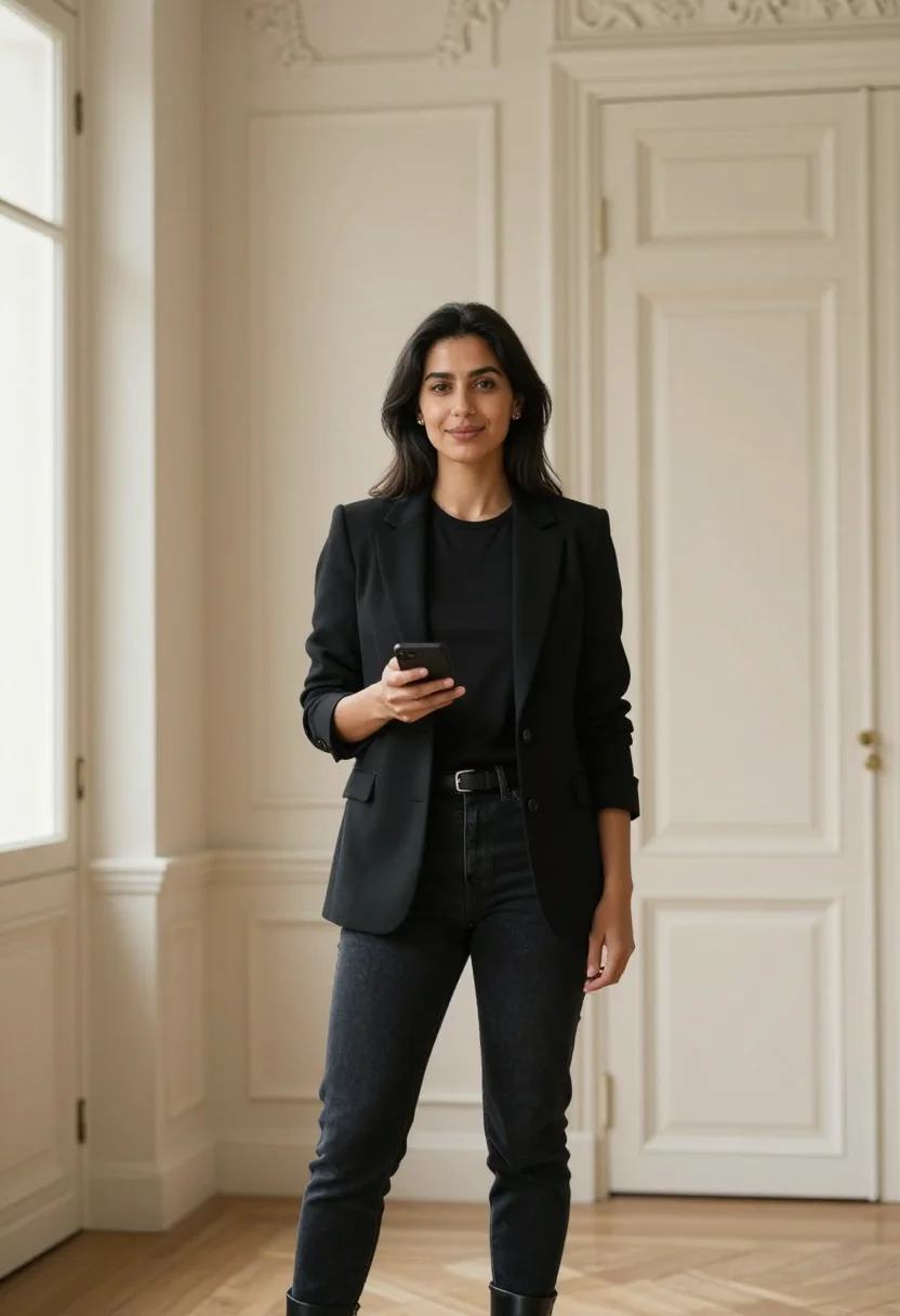 AI call my agent paris andrea martel black sample — portrait of a woman, a talent agent in her late thirties of