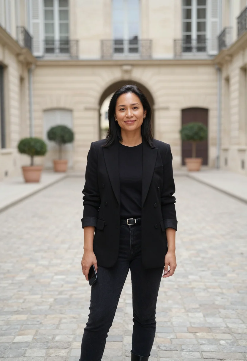AI call my agent paris andrea martel black sample — portrait of a woman, a talent agent in her late thirties of
