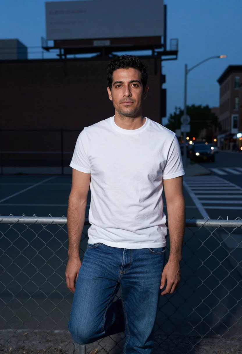 AI calvin klein houston street billboard white tee denim men sample — portrait of a man, a Greek-American man in his mid-thirties