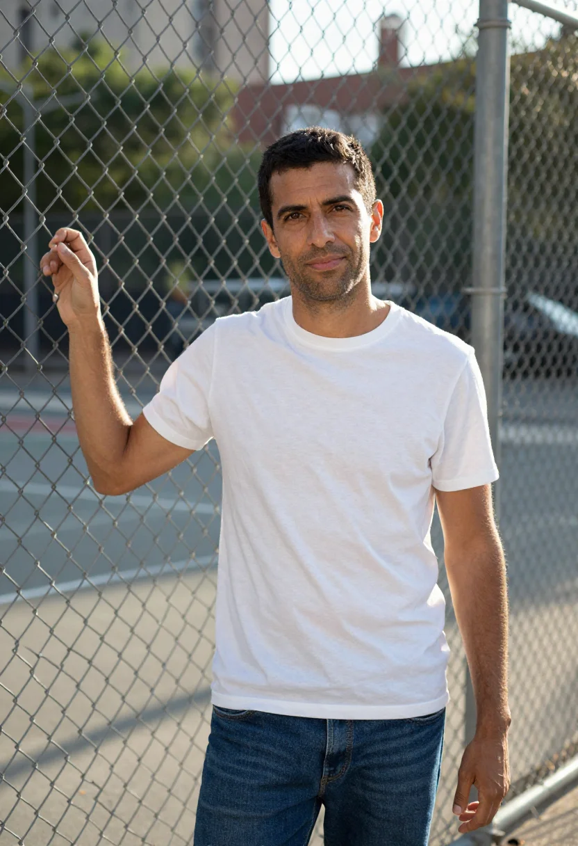 AI calvin klein houston street billboard white tee denim men sample — portrait of a man, an Italian-American man in his late thirt