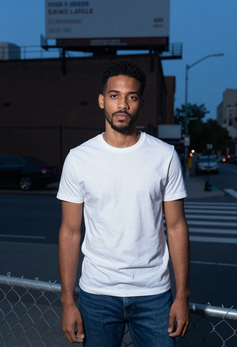 AI calvin klein houston street billboard white tee denim men sample — portrait of a man, a Dominican-American man in his early thi
