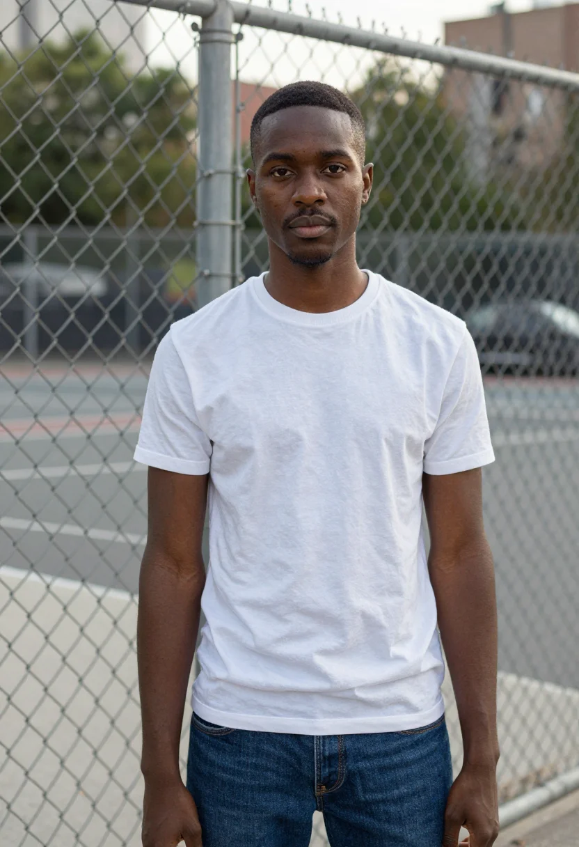 AI calvin klein houston street billboard white tee denim men sample — portrait of a man, a Black American man in his early thirtie
