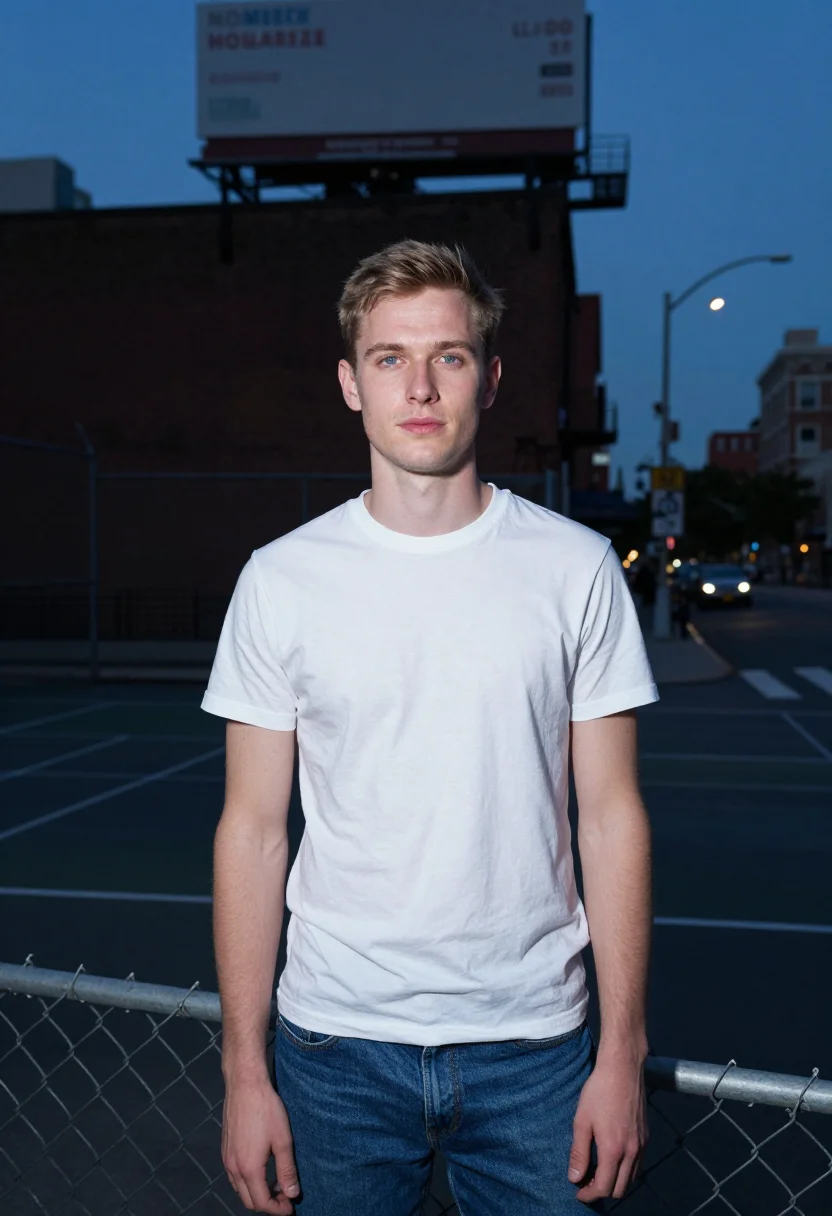 AI calvin klein houston street billboard white tee denim men sample — portrait of a man, a Polish-American man in his late twentie