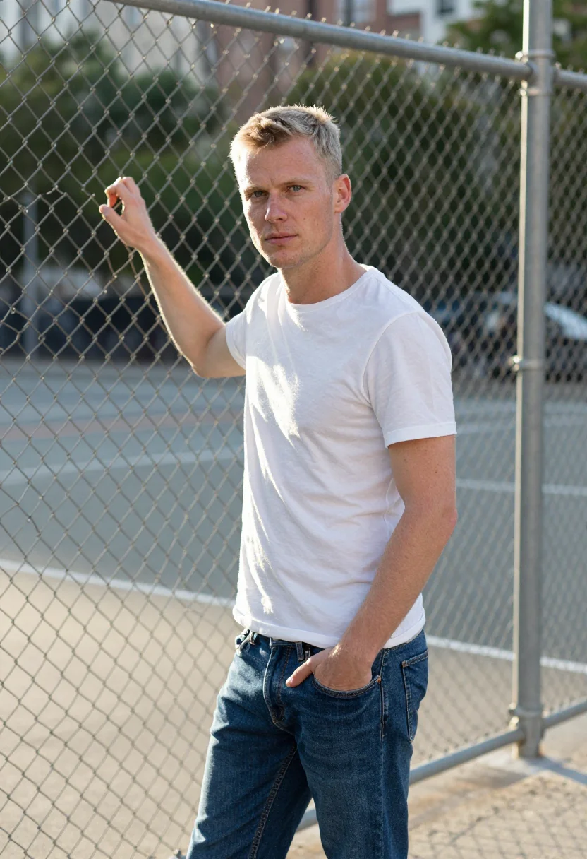 AI calvin klein houston street billboard white tee denim men sample — portrait of a man, a German man in his early thirties with p
