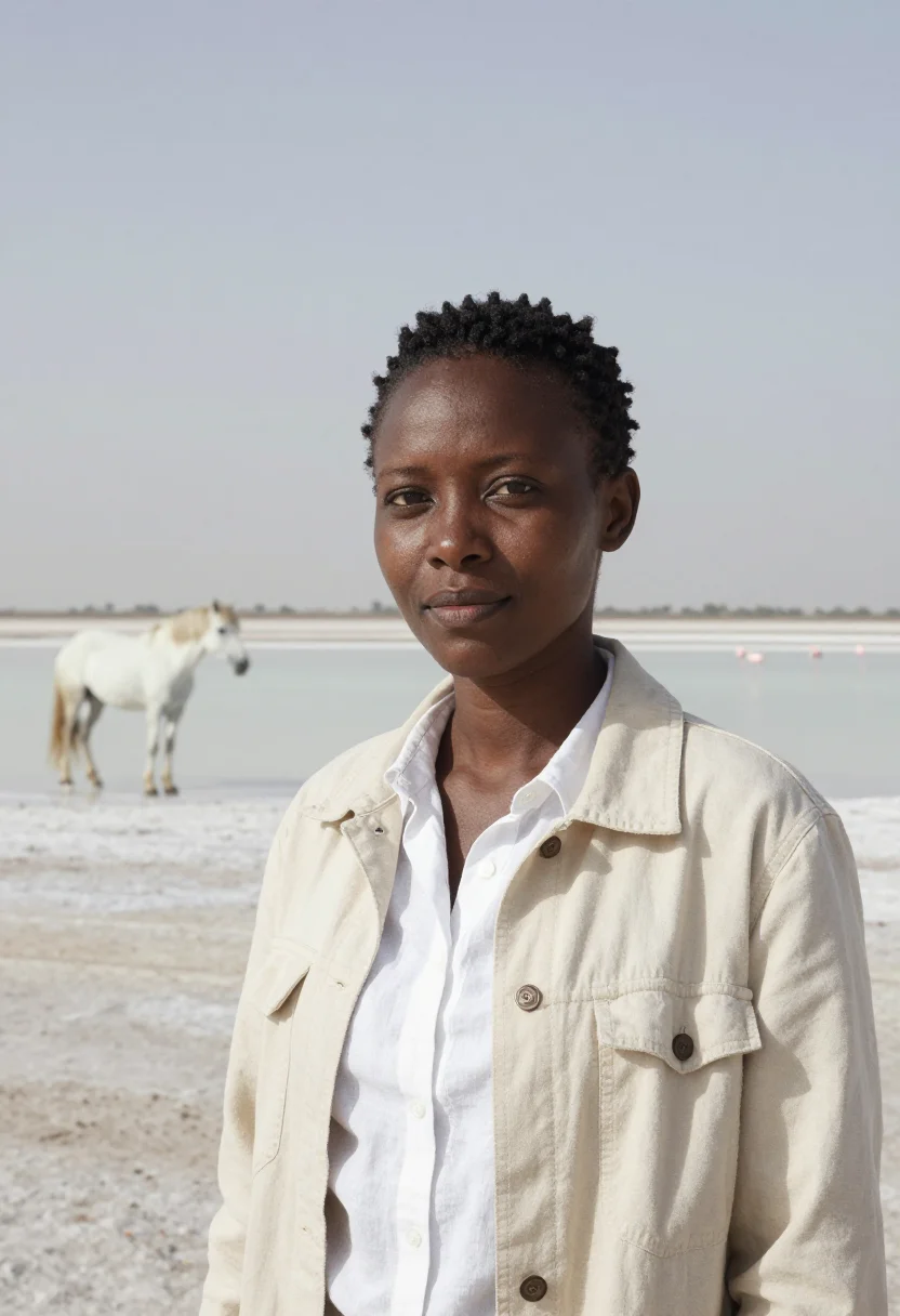 AI camargue veterinarian white horse salt sample — portrait of a woman, a veterinarian of Senegalese descent in