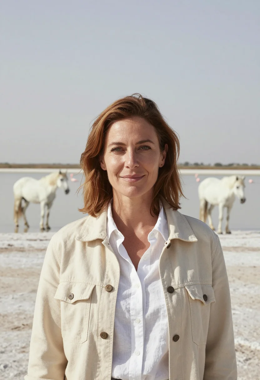 AI camargue veterinarian white horse salt sample — portrait of a woman, a veterinarian in her mid-forties with