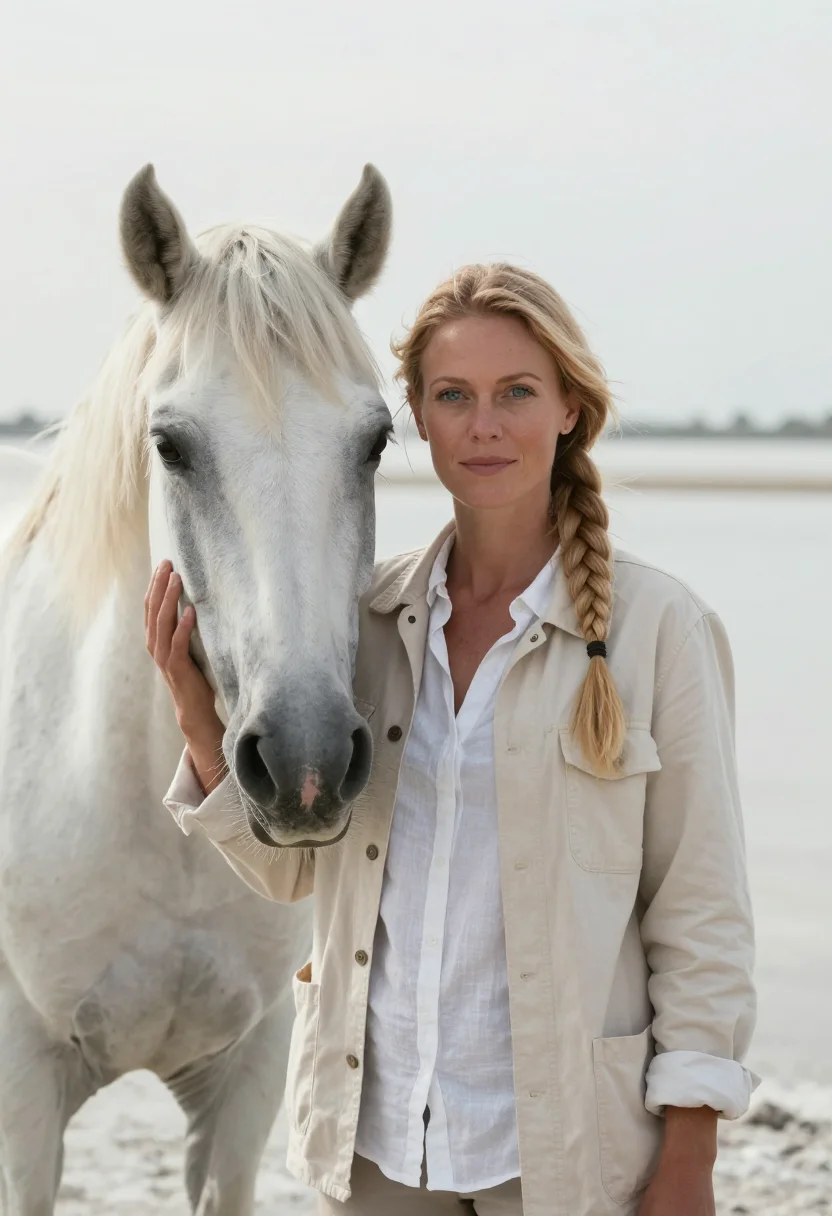 AI camargue veterinarian white horse salt sample — portrait of a woman, a veterinarian in her late twenties wit