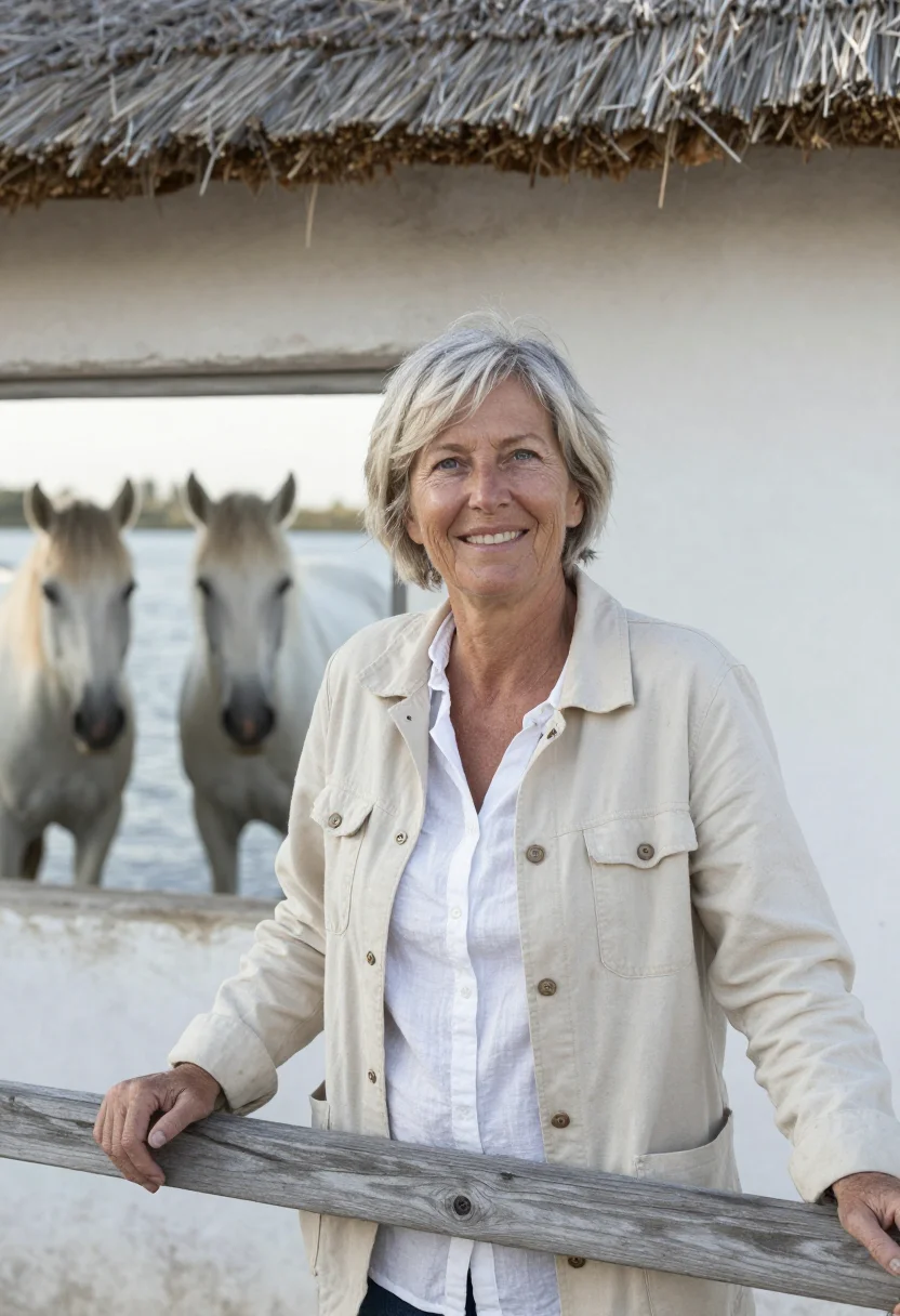 AI camargue veterinarian white horse salt sample — portrait of a woman, a veterinarian in her early fifties wit