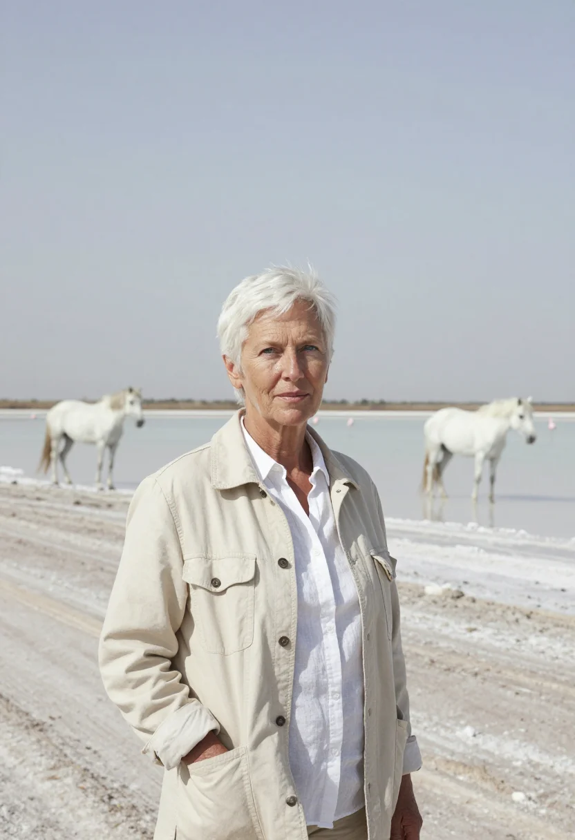 AI camargue veterinarian white horse salt sample — portrait of a woman, a veterinarian in her sixties with tann