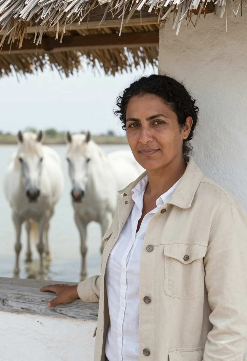 AI camargue veterinarian white horse salt sample — portrait of a woman, a veterinarian of Algerian descent in h