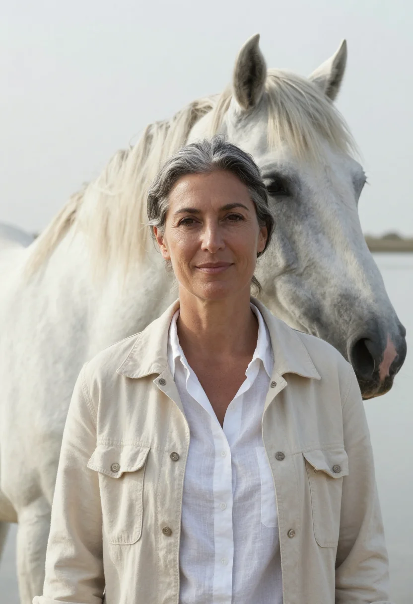 AI camargue veterinarian white horse salt sample — portrait of a woman, a veterinarian in her late forties with