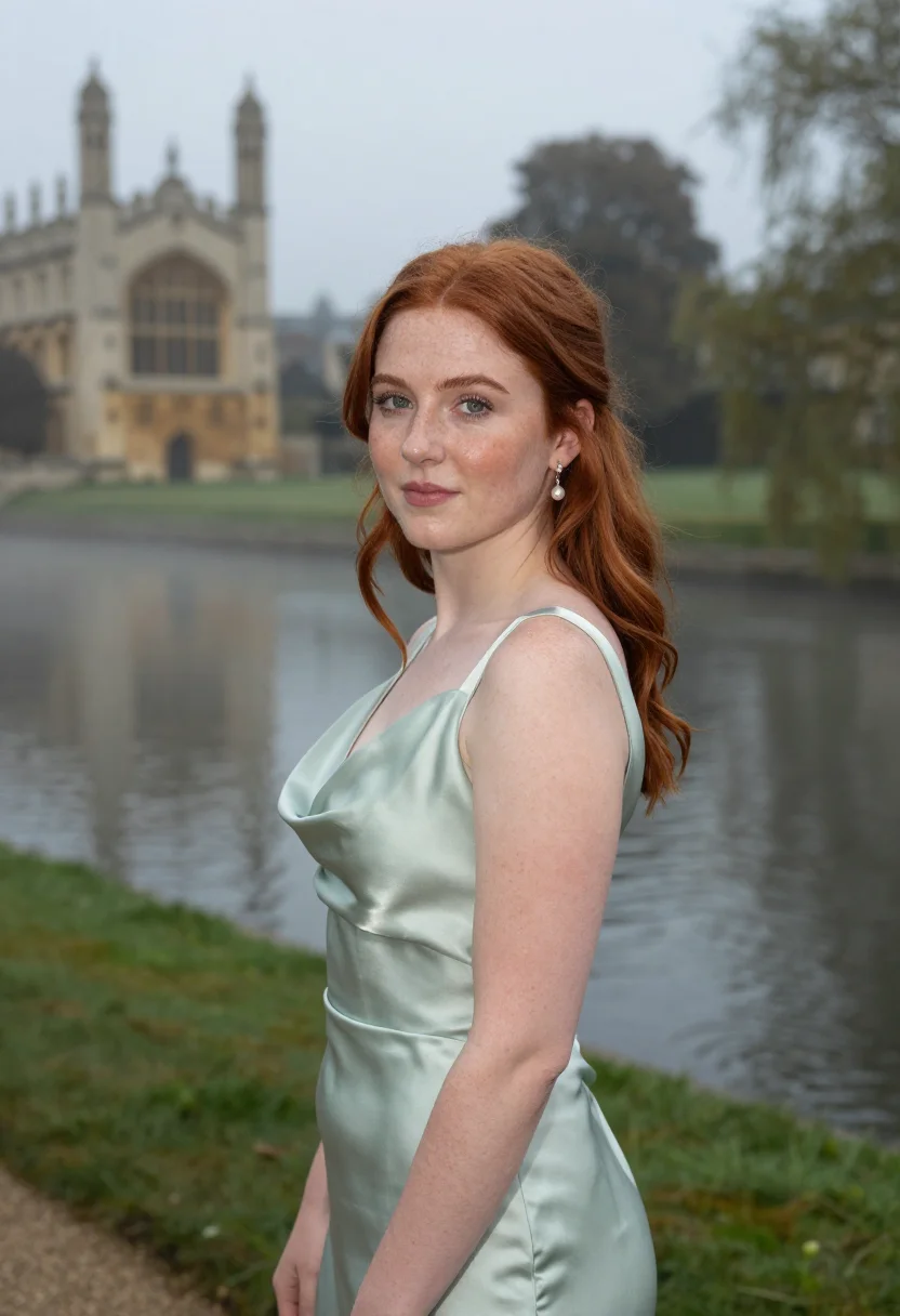 AI cambridge may ball gown dawn sample — portrait of a woman, a May Ball guest, a woman in her mid-tw