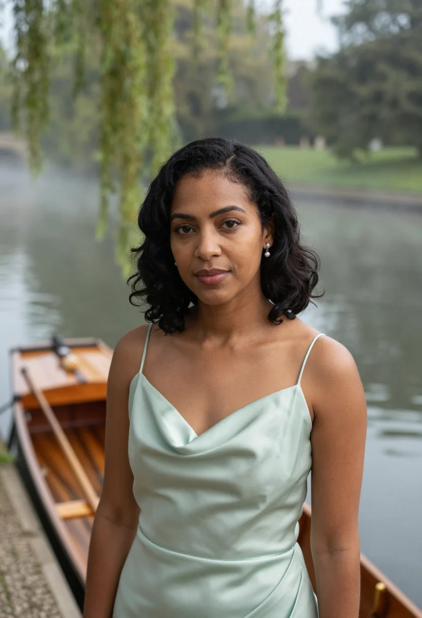 AI cambridge may ball gown dawn sample — portrait of a woman, a May Ball guest, a woman in her early