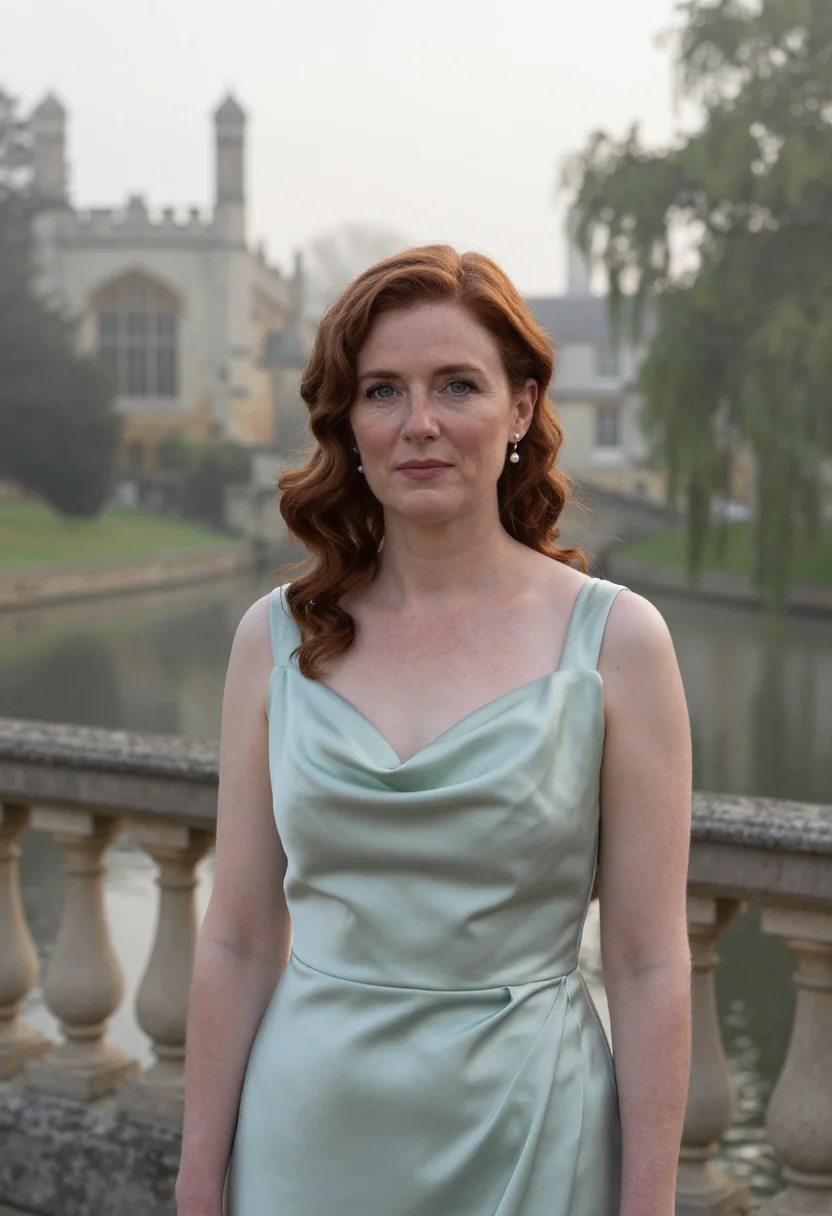 AI cambridge may ball gown dawn sample — portrait of a woman, a May Ball guest, a woman in her mid-th