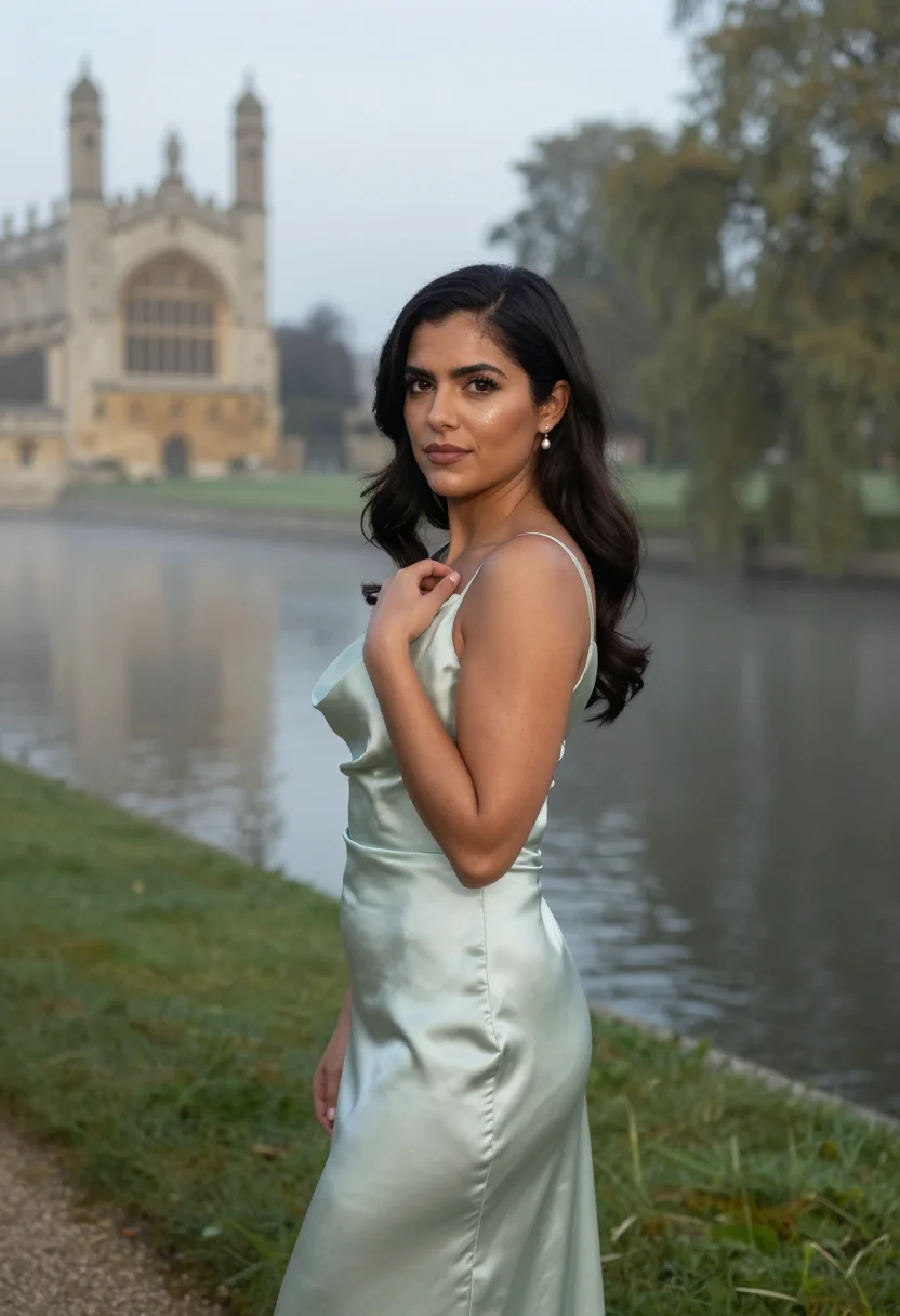 AI cambridge may ball gown dawn sample — portrait of a woman, a May Ball guest, a woman in her early
