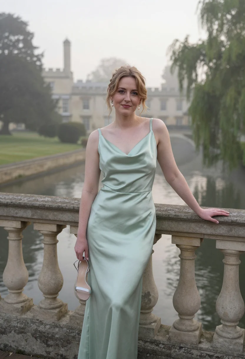 AI cambridge may ball gown dawn sample — portrait of a woman, a May Ball guest, a woman in her mid-tw