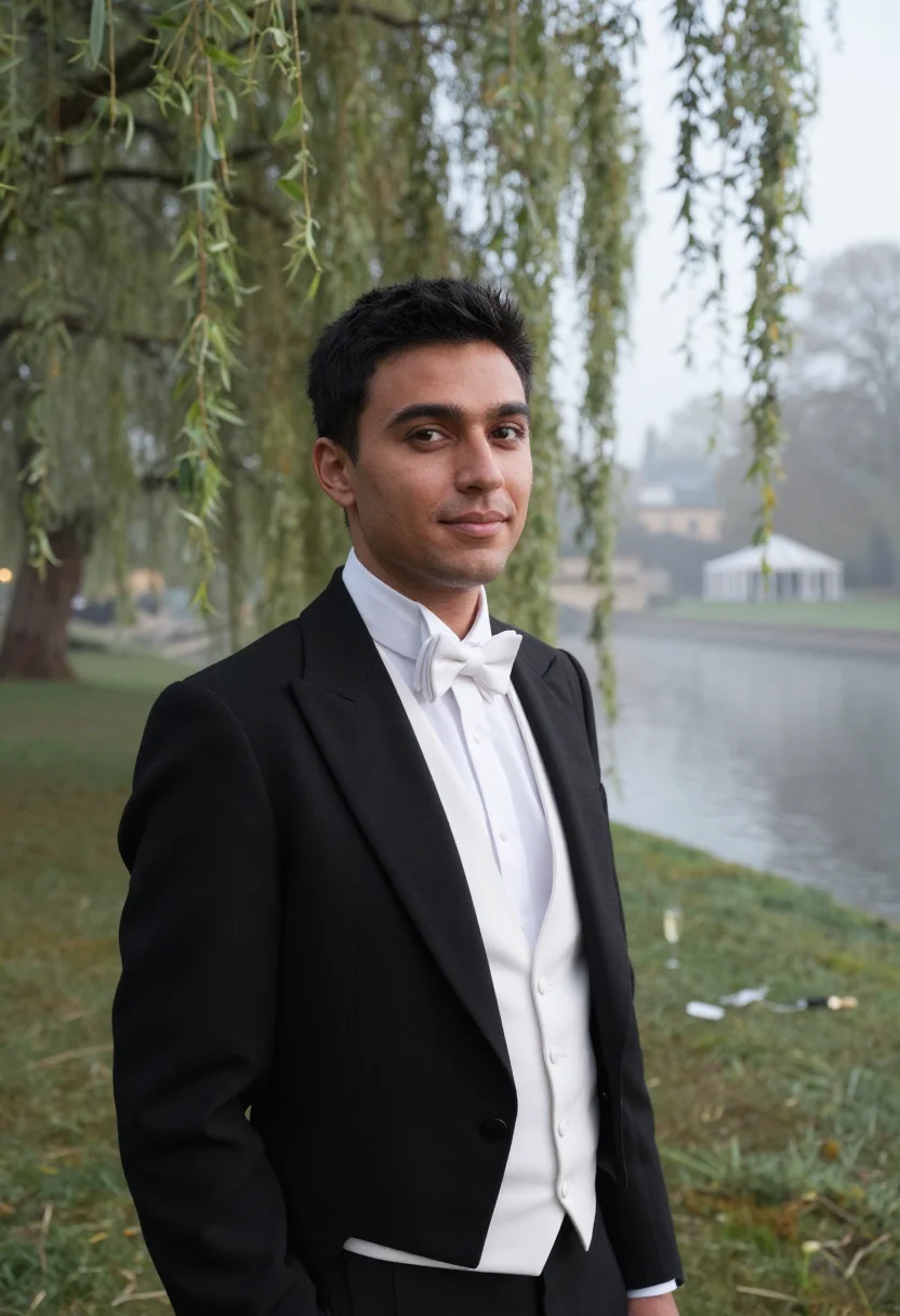 AI cambridge may ball white tie dawn sample — portrait of a man, a May Ball guest, a man in his early thir