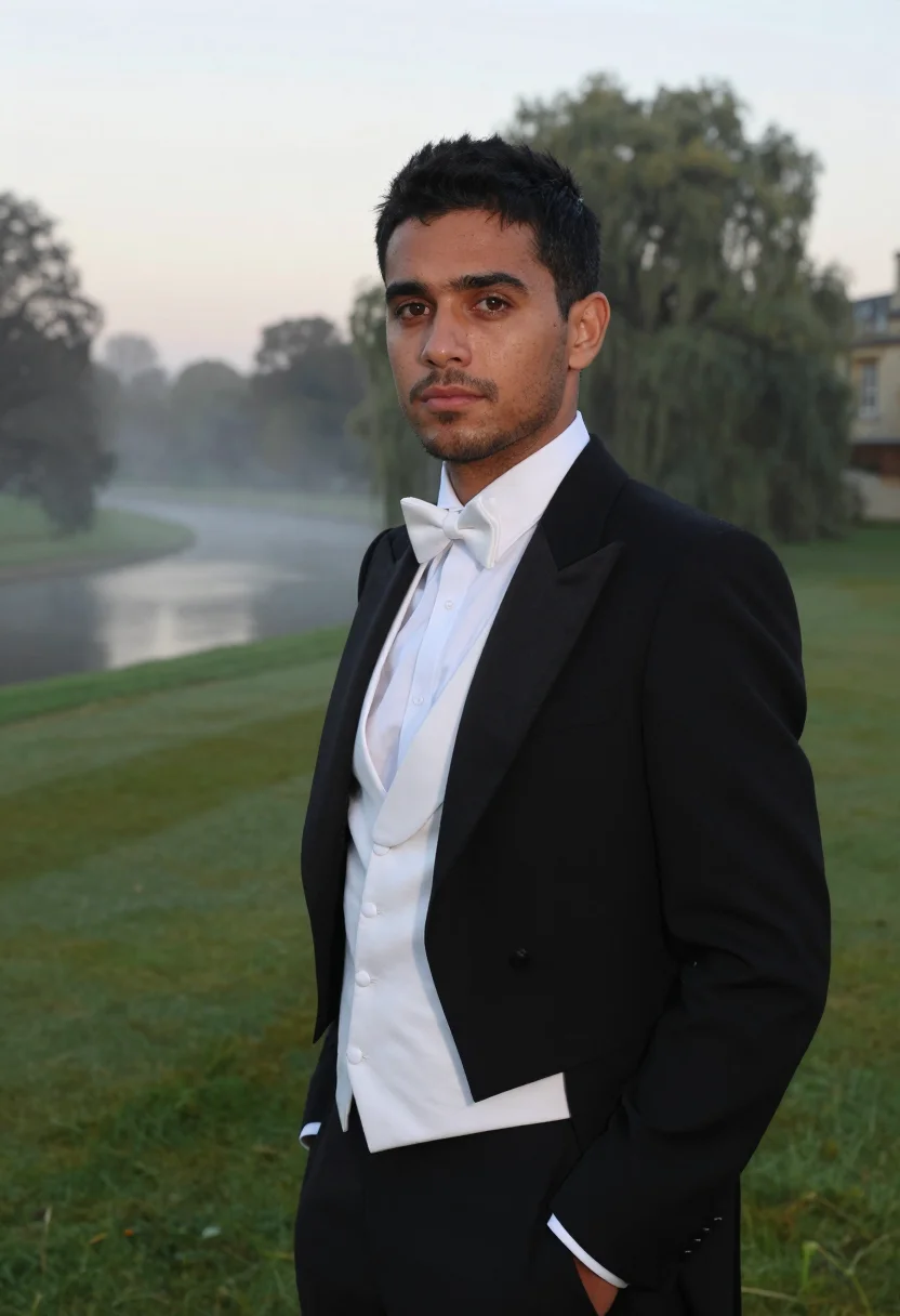 AI cambridge may ball white tie dawn sample — portrait of a man, a May Ball guest, a man in his early thir