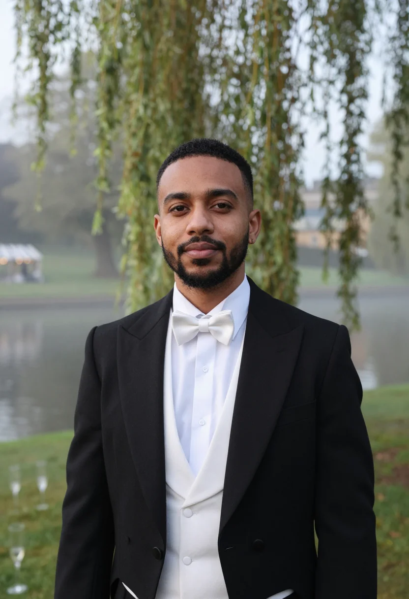 AI cambridge may ball white tie dawn sample — portrait of a man, a May Ball guest, a man in his early thir