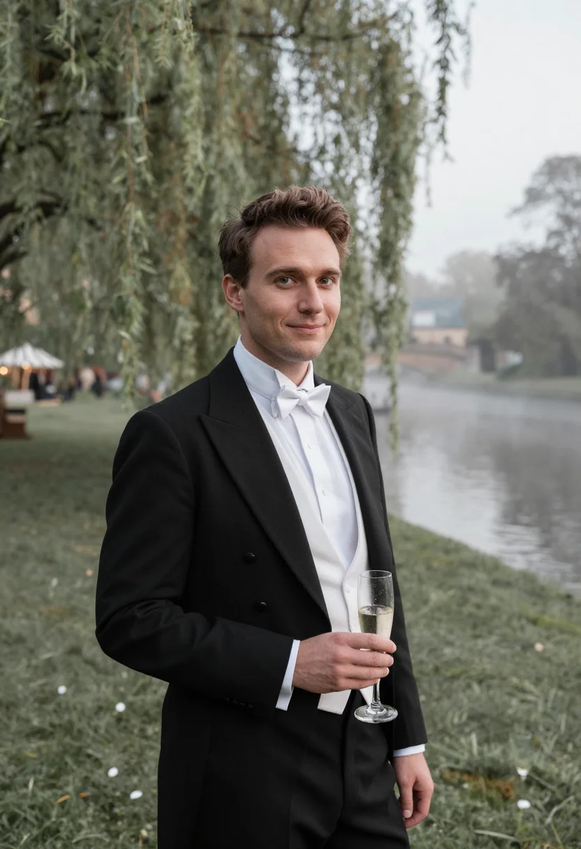 AI cambridge may ball white tie dawn sample — portrait of a man, a May Ball guest, a man in his late twent