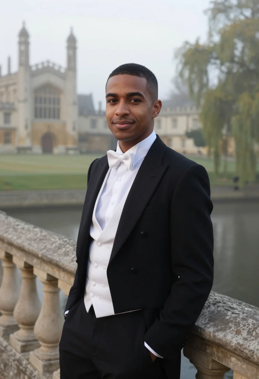AI cambridge may ball white tie dawn sample — portrait of a man, a May Ball guest, a man in his late twent