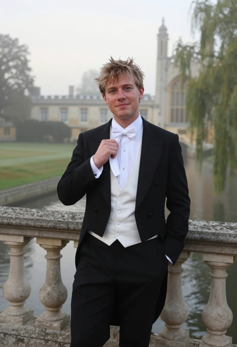 AI cambridge may ball white tie dawn sample — portrait of a man, a May Ball guest, a man in his mid-twenti