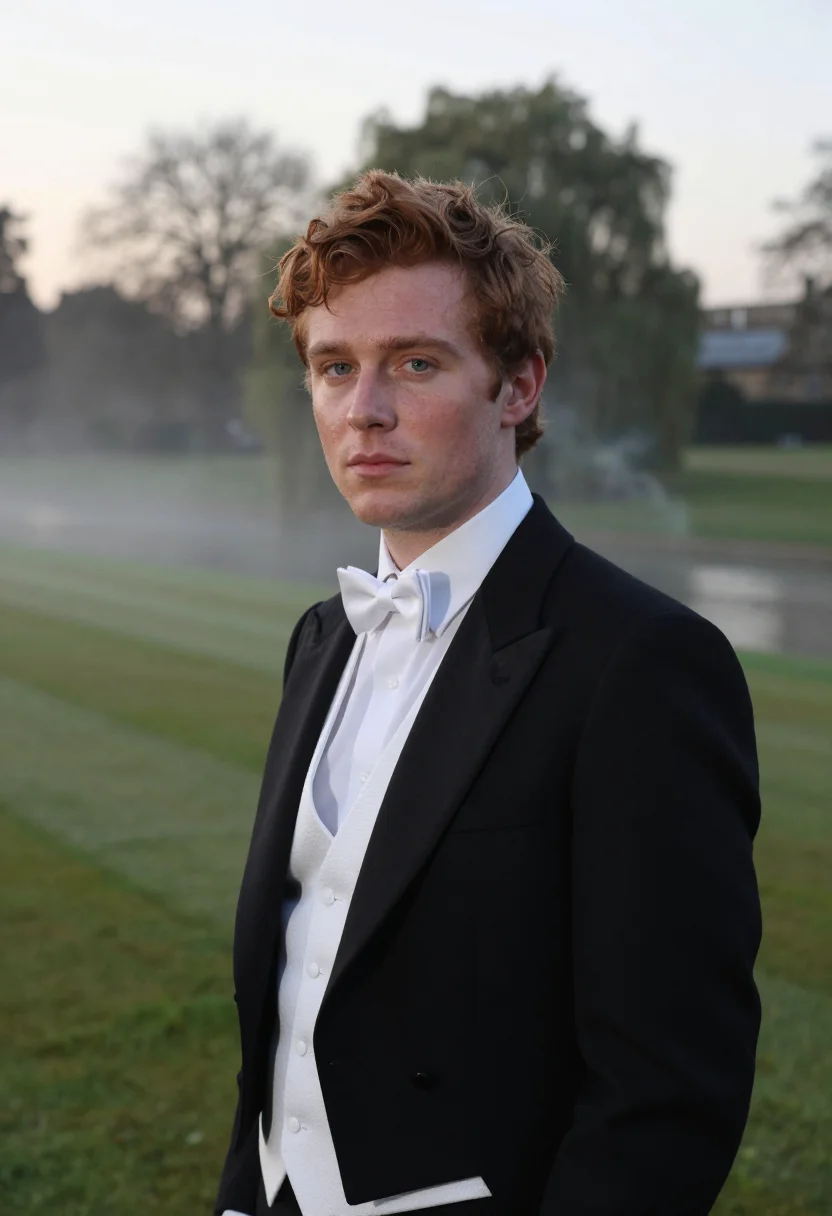 AI cambridge may ball white tie dawn sample — portrait of a man, a May Ball guest, a man in his mid-twenti