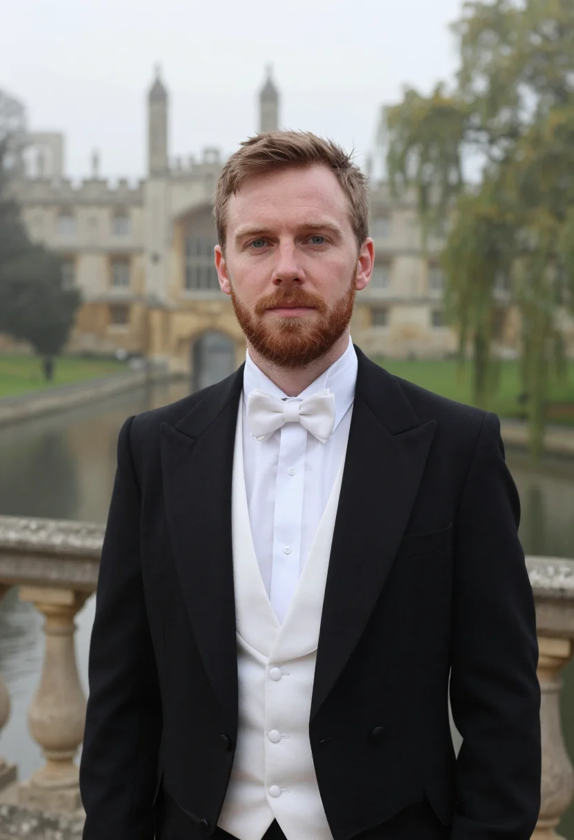 AI cambridge may ball white tie dawn sample — portrait of a man, a May Ball guest, a man in his mid-thirti