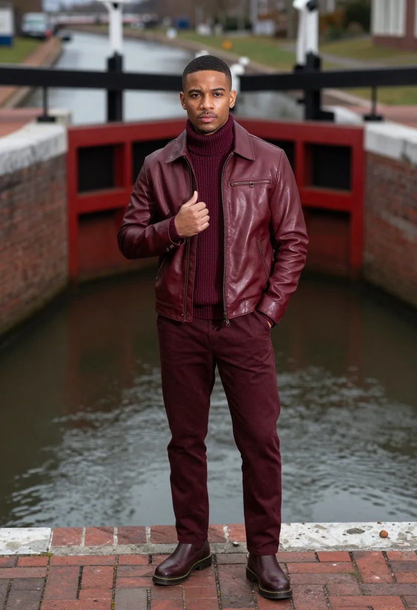 AI camden oxblood sample — portrait of a man, a man in his thirties with deep brown ski