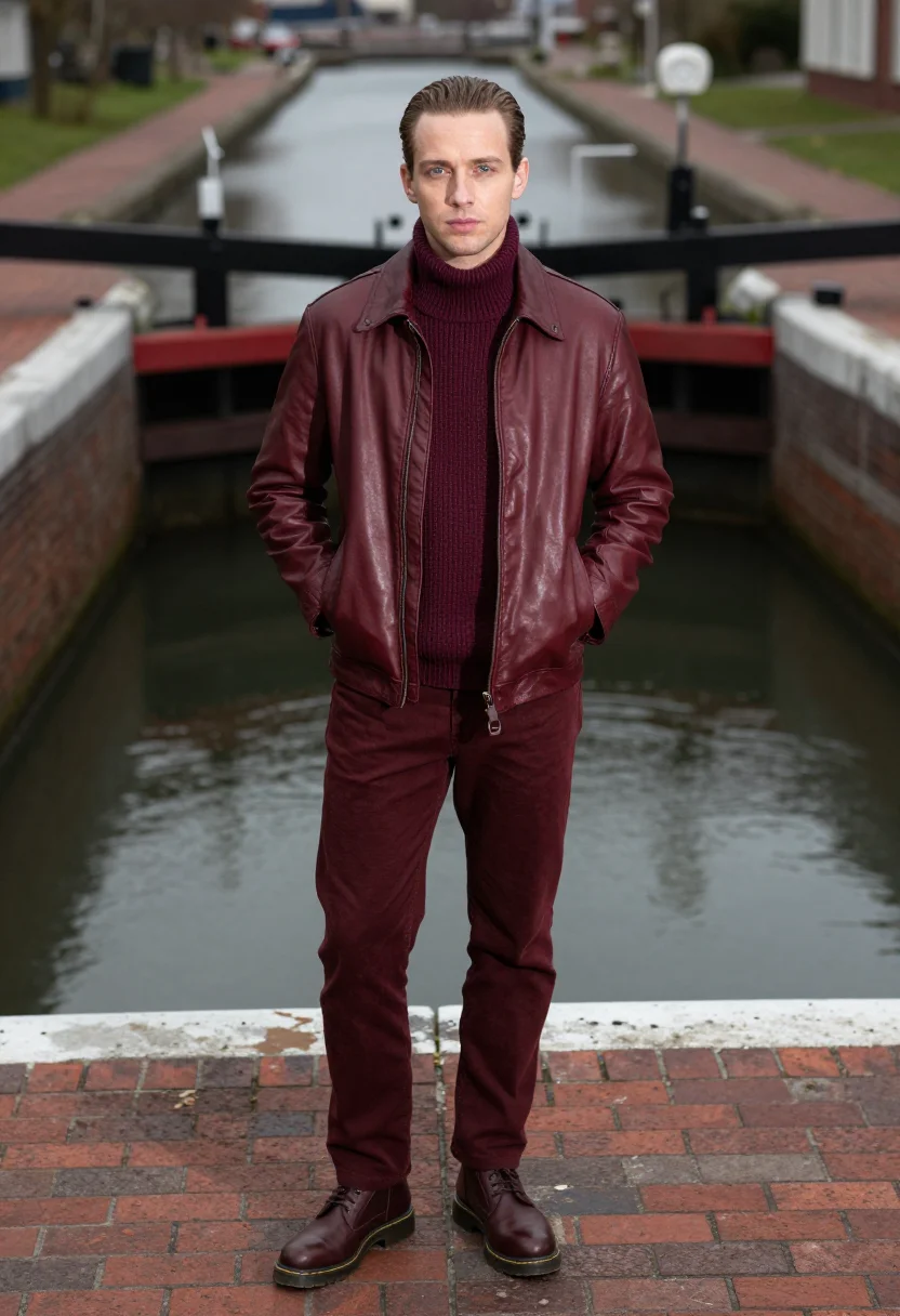 AI camden oxblood sample — portrait of a man, a man in his twenties with fair skin, blu